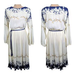 VINTAGE Hal Ferman Floral Accordion Pleated Midi Dress Grecian Belted Small 4/6